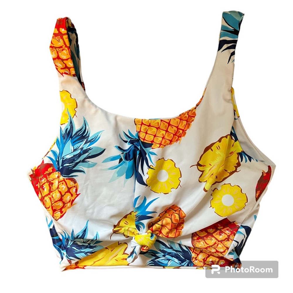 Crop Swim Top - Scoop Neck Tank with Knot - Size M Pineapple